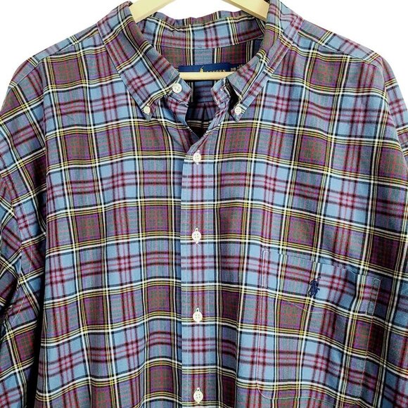 Polo Ralph Lauren Shirt 3XB Blue Purple Plaid 100% Cotton Button Front Collared - Picture 2 of 10